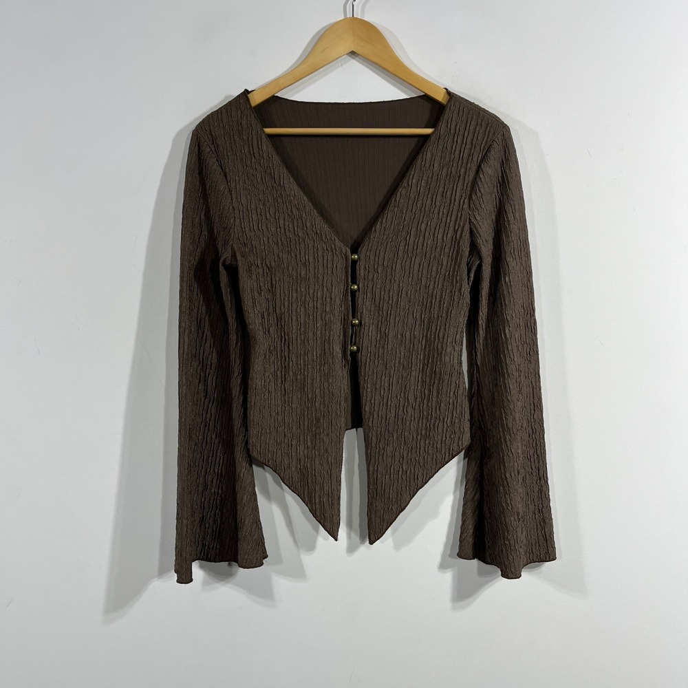 Romwe Y2K Renfair Brown Crinkle Handkerchief Bell Sleeve Top Womens Small Boho